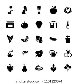 Natural icon. collection of 25 natural filled icons such as mushroom, currant, banana, spinach, flower, bouquet, cucumber. editable natural icons for web and mobile.