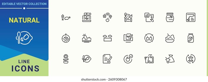 Natural icon. Contains such symbols as eco, farming, bio, nature, ecological and more. Organic icon collection. Minimal icons collection. Editable stroke. Vector collection.