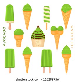 Natural icon logo for avocado ice cream sorbet in different forms. Avocado pattern consisting of sweet cold ice cream sorbet, tasty frozen dessert. Fresh taste fruit ice cream sorbet of bright avocado