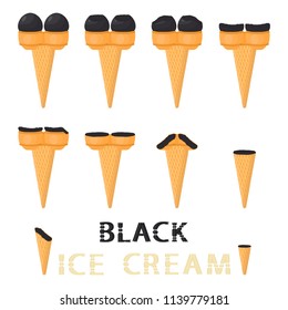 Natural icon logo black coal ice cream sorbet in different forms. Black pattern consisting of sweet cold ice cream sorbet, tasty frozen coal dessert. Fresh taste fruit ice cream sorbet of black coal.