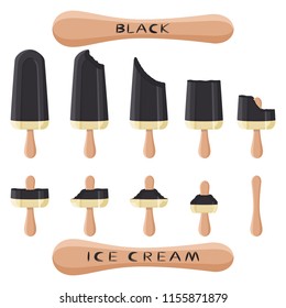 Natural icon logo black coal ice cream sorbet in different forms. Black pattern consisting of sweet cold ice cream sorbet, tasty frozen coal dessert. Fresh taste fruit ice cream sorbet of black coal.