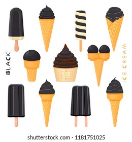 Natural icon logo black coal ice cream sorbet in different forms. Black pattern consisting of sweet cold ice cream sorbet, tasty frozen coal dessert. Fresh taste fruit ice cream sorbet of black coal.