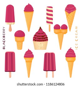 Natural icon logo blackberry ice cream sorbet in different forms. Blackberry pattern consisting of sweet cold ice cream sorbet, tasty frozen dessert. Fresh taste fruit ice cream sorbet of blackberry.