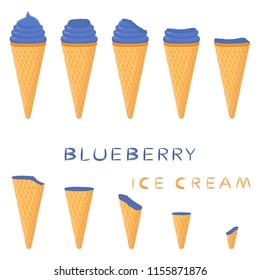 Natural icon logo for blueberry ice cream in different forms. Blueberry pattern consisting of sweet cold ice cream, tasty frozen dessert. Fresh taste fruit ice cream of blueberry.