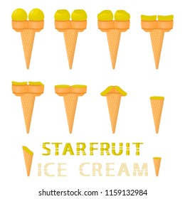 Natural icon logo for carambola ice cream in different forms. Carambola pattern consisting of sweet cold ice cream, tasty frozen dessert. Fresh taste fruit ice cream of carambola.