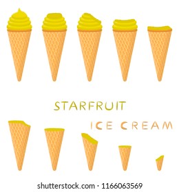 Natural icon logo for carambola ice cream sorbet in different forms. Carambola pattern consisting of sweet cold ice cream sorbet, tasty frozen dessert. Fresh taste fruit ice cream sorbet of carambola.