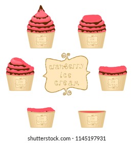 Natural icon logo for cranberry ice cream sorbet in different forms. Cranberry pattern consisting of sweet cold ice cream sorbet, tasty frozen dessert. Fresh taste fruit ice cream sorbet of cranberry.