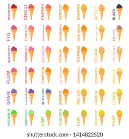 Natural icon logo for ice cream sherbet, structure sorbet various size. Sorbet consisting of collection meal, ice cream sherbet from organic nutrition. Menu ice cream is yummy design sorbet sherbet.