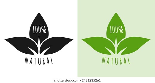 Icono natural o logo con hoja. 100% orgánico, bio, producto ecológico. Etiqueta verde con hojas. Ilustración vectorial.
