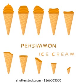 Natural icon logo for persimmon ice cream sorbet in different form. Persimmon pattern consisting of sweet cold ice cream sorbet, tasty frozen dessert. Fresh taste fruit ice cream sorbet from persimmon