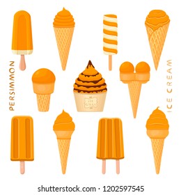 Natural icon logo for persimmon ice cream sorbet in different form. Persimmon pattern consisting of sweet cold ice cream sorbet, tasty frozen dessert. Fresh taste fruit ice cream sorbet from persimmon