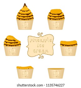 Natural icon logo pineapple ice cream sorbet in different forms. Pineapple pattern consisting of sweet cold ice cream sorbet, tasty frozen dessert. Fresh taste fruit ice cream sorbet from pineapple.