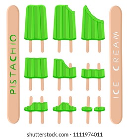 Natural icon logo for pistachio ice cream sorbet in different forms. Pistachio pattern consisting of sweet cold ice cream sorbet, tasty frozen dessert. Fresh taste fruit ice cream sorbet of pistachio.