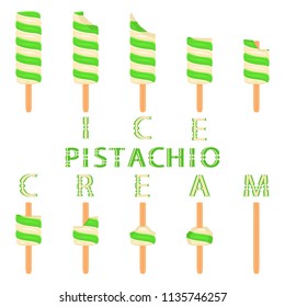 Natural icon logo for pistachio ice cream sorbet in different forms. Pistachio pattern consisting of sweet cold ice cream sorbet, tasty frozen dessert. Fresh taste fruit ice cream sorbet of pistachio.