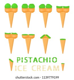 Natural icon logo for pistachio ice cream sorbet in different forms. Pistachio pattern consisting of sweet cold ice cream sorbet, tasty frozen dessert. Fresh taste fruit ice cream sorbet of pistachio.