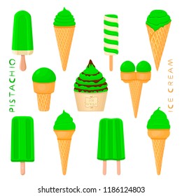 Natural icon logo for pistachio ice cream sorbet in different forms. Pistachio pattern consisting of sweet cold ice cream sorbet, tasty frozen dessert. Fresh taste fruit ice cream sorbet of pistachio.