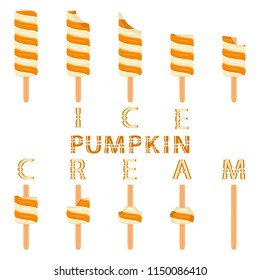 Natural icon logo for pumpkin ice cream sorbet in different forms. Pumpkin pattern consisting of sweet cold ice cream sorbet, tasty frozen dessert. Fresh taste fruit ice cream sorbet from pumpkin.