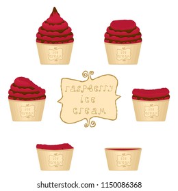 Natural icon logo for raspberry ice cream sorbet in different form. Raspberry pattern consisting of sweet cold ice cream sorbet, tasty frozen dessert. Fresh taste fruit ice cream sorbet from raspberry