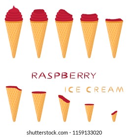 Natural icon logo raspberry ice cream sorbet in different forms. Raspberry pattern consisting of sweet cold ice cream sorbet, tasty frozen dessert. Fresh taste fruit ice cream sorbet from raspberry.