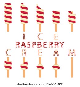 Natural icon logo for raspberry ice cream sorbet in different form. Raspberry pattern consisting of sweet cold ice cream sorbet, tasty frozen dessert. Fresh taste fruit ice cream sorbet from raspberry