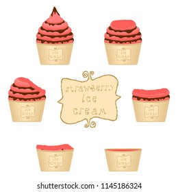 Natural icon logo strawberry ice cream sorbet in different forms. Strawberry pattern consisting of sweet cold ice cream sorbet, tasty frozen dessert. Fresh taste fruit ice cream sorbet from strawberry