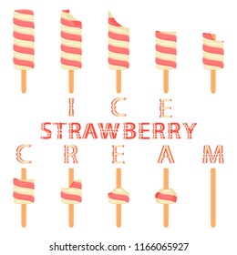 Natural icon logo strawberry ice cream sorbet in different forms. Strawberry pattern consisting of sweet cold ice cream sorbet, tasty frozen dessert. Fresh taste fruit ice cream sorbet from strawberry