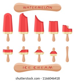 Natural icon logo watermelon ice cream sorbet in different forms. Watermelon pattern consisting of sweet cold ice cream sorbet, tasty frozen dessert. Fresh taste fruit ice cream sorbet from watermelon