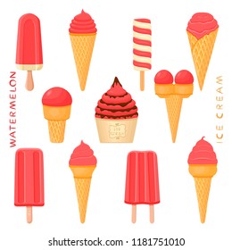 Natural icon logo watermelon ice cream sorbet in different forms. Watermelon pattern consisting of sweet cold ice cream sorbet, tasty frozen dessert. Fresh taste fruit ice cream sorbet from watermelon