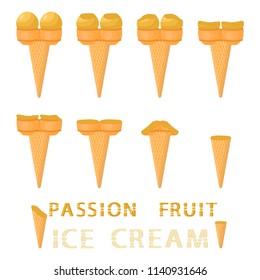 Natural icon passion fruit ice cream sorbet in different forms. Passion fruit pattern consisting of sweet cold ice cream sorbet, tasty frozen dessert. Fresh taste ice cream sorbet from passion fruit.
