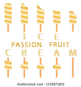 Natural icon passion fruit ice cream sorbet in different forms. Passion fruit pattern consisting of sweet cold ice cream sorbet, tasty frozen dessert. Fresh taste ice cream sorbet from passion fruit.