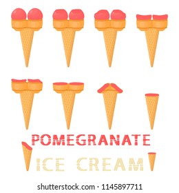 Natural icon pomegranate ice cream sorbet in different forms. Pomegranate pattern consisting of sweet cold ice cream sorbet, tasty frozen dessert. Fresh taste fruit ice cream sorbet from pomegranate.