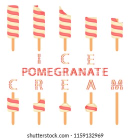 Natural icon pomegranate ice cream sorbet in different forms. Pomegranate pattern consisting of sweet cold ice cream sorbet, tasty frozen dessert. Fresh taste fruit ice cream sorbet from pomegranate.