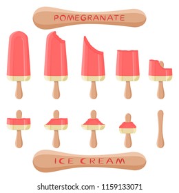 Natural icon pomegranate ice cream sorbet in different forms. Pomegranate pattern consisting of sweet cold ice cream sorbet, tasty frozen dessert. Fresh taste fruit ice cream sorbet from pomegranate.