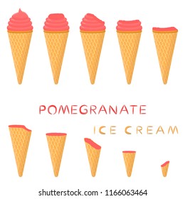 Natural icon pomegranate ice cream sorbet in different forms. Pomegranate pattern consisting of sweet cold ice cream sorbet, tasty frozen dessert. Fresh taste fruit ice cream sorbet from pomegranate.