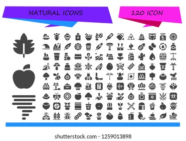  natural icon set. 120 filled natural icons. Simple modern icons about  - Leaf, Tornado, Apple, Salad, Radish, Spa, Body oil, Mortar, Plant, Thermometer, Watering can, Water, Avocado
