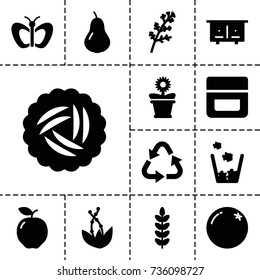 Natural icon. set of 13 filled natural icons such as nest, orange, apple, pear, deel, beehouse, butterfly, cream, recycle, flower pot, trash bin