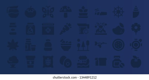 natural icon set. 32 filled natural icons. on blue background style Collection Of - Coffee pot, Fish food, Marijuana, Tree, Tomato, Coal, Diary product, Coffee, Butterfly, Blood