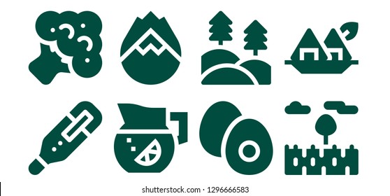  natural icon set. 8 filled natural icons. Simple modern icons about  - Thermometer, Broccoli, Lemonade, Forest fire, Boiled egg, Forest, Prairie, Seaweed