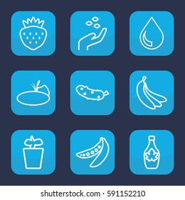 natural icon. Set of 9 outline natural icons such as hand with seeds, maple syrup, cucumber, plant in pot, strawberry, peas, pond, drop