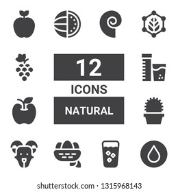 natural icon set. Collection of 12 filled natural icons included Water, Fresh, Nest, Goat, Cactus, Apple, Vitamins, Watermelon, Leaf, Grapes, Seashell