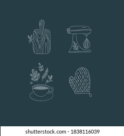 Natural icon set in hand made line style. Cutting board, mixer, cup of coffee, oven mitts drawing on dark blue background