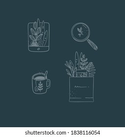 Natural icon set in hand made line style. Magnifier, tea cup, grocery bag drawing on dark blue background