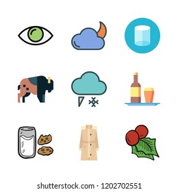 natural icon set. vector set about breakfast, snowing, cloudy night and tray icons set.