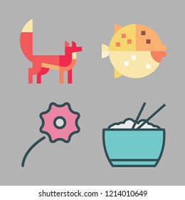 natural icon set. vector set about rice, closeup, puffer fish and fox icons set.