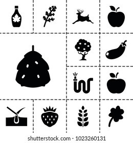 Natural icons. set of 13 editable filled natural icons such as berry, deel, deer, shave hair in skin, clover, maple syrup, water hose, strawberry, apple, eggplant, tree