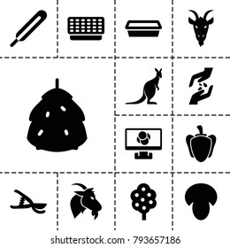 Natural icons. set of 13 editable filled natural icons such as mushroom, berry, tree, kangaroo, goat, garden tools, pot for plants, themometer, pepper, hand with seeds