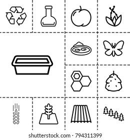 Natural icons. set of 13 editable outline natural icons such as field, berry, apple, pine tree, butterfly, honey, pot for plants, pond, plant, recycle, bottle, tree
