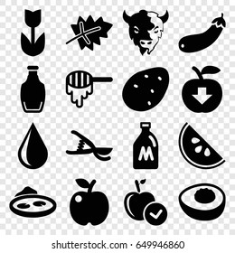 Natural icons set. set of 16 natural filled icons such as milk can, leaf, potato, honey, goat, apple, water drop, garden tools, pond, aubergine, bottle, avocado, watermelon