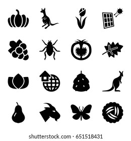 Natural icons set. set of 16 natural filled icons such as nest, berry, leaf, pear, beetle, goat, kangaroo, butterfly, lotus, grape, pumpkin, tomato, global home, solar panel