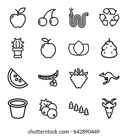 Natural icons set. set of 16 natural outline icons such as cangaroo, goat, berry, currant, apple, peas, pine tree, lotus, cherry, water hose, pot for plants, raspberry